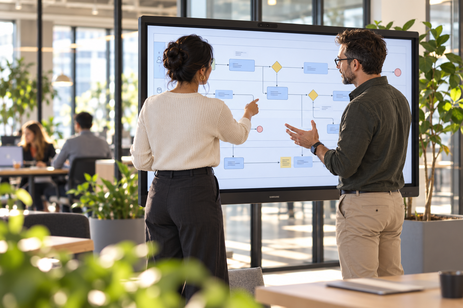 Twee collega's bespreken een procesdiagram op een groot scherm